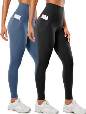 2 Pack Leggings with Pockets for Women 25" Gym Butt Lifting High Waisted Yoga Pants Athletic Workout Leggings