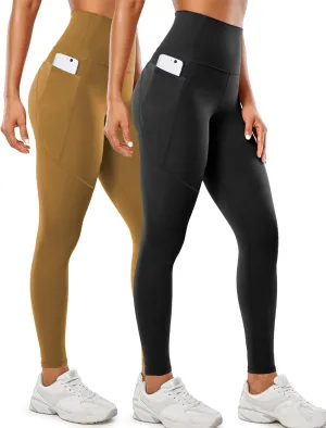 2 Pack Leggings with Pockets for Women 25" Gym Butt Lifting High Waisted Yoga Pants Athletic Workout Leggings