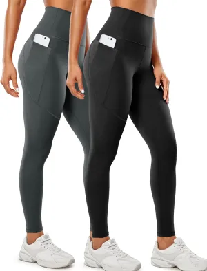 2 Pack Leggings with Pockets for Women 25" Gym Butt Lifting High Waisted Yoga Pants Athletic Workout Leggings