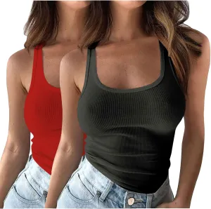 2 Pack Summer Basic Ribbed Tank Tops Women Sexy U Neck Workout Casual Sleeveless T-Shirts Stretchy Gym Cami Shirts