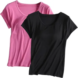 2 Pack Tops with Built in Bra for Women Short Sleeve Crewneck Solid Basic Tee Shirts Summer Loose Fit Soft Pajama Tops