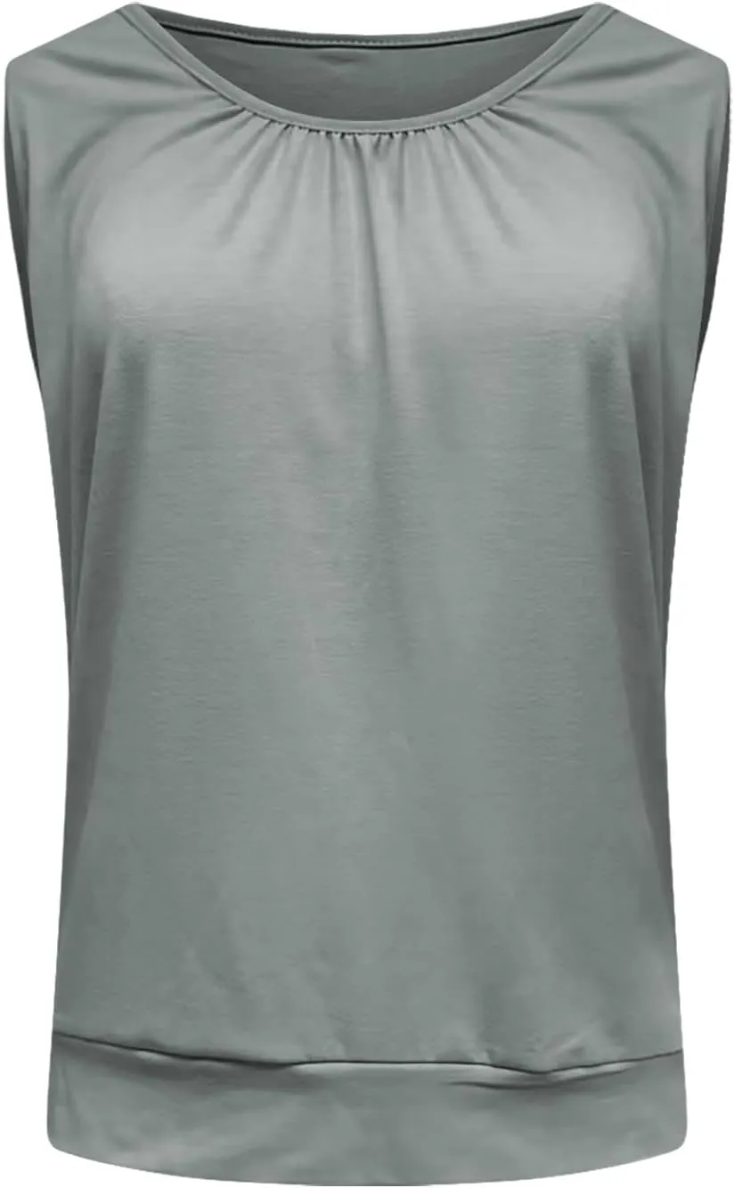 2025 Pleated Scoop Neck Tank Tops for Women Summer Casual Comfy Sleeveless Shirts Banded Fitted Bottom Tanks Blouse