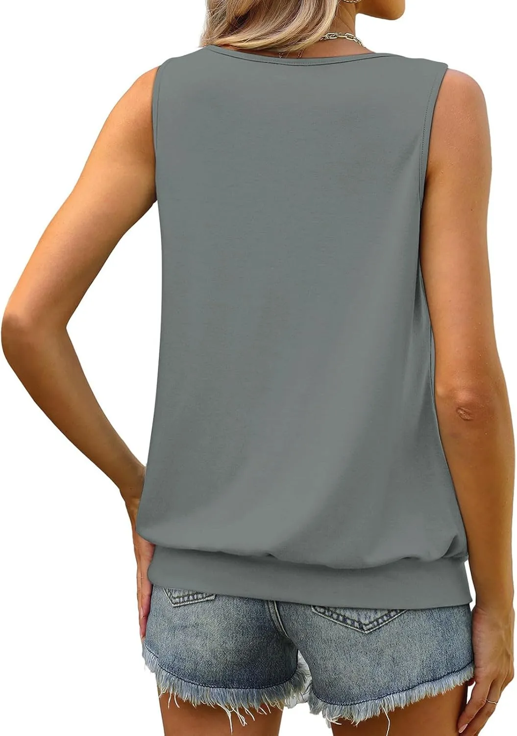 2025 Pleated Scoop Neck Tank Tops for Women Summer Casual Comfy Sleeveless Shirts Banded Fitted Bottom Tanks Blouse