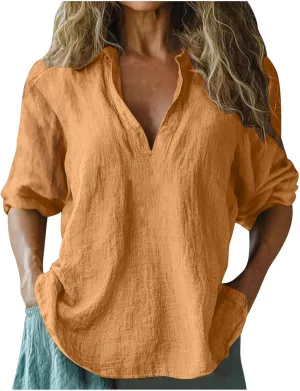 2025 Summer Linen Shirts for Women Casual 3/4 Sleeve Loose Fit Tops Oversized V Neck Cotton Linen Tshirt Beach Tees