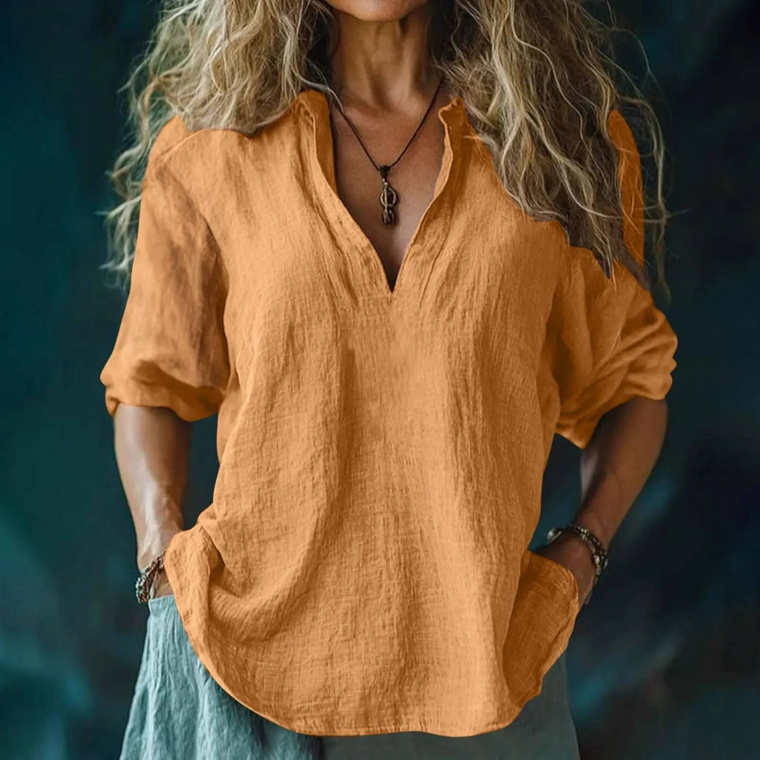 2025 Summer Linen Shirts for Women Casual 3/4 Sleeve Loose Fit Tops Oversized V Neck Cotton Linen Tshirt Beach Tees