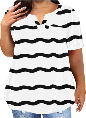 2025 Womens Summer Striped Tops Plus Size Color Block Raglan Tees Fashion V Neck Outfits Casual Short Sleeve Blouses