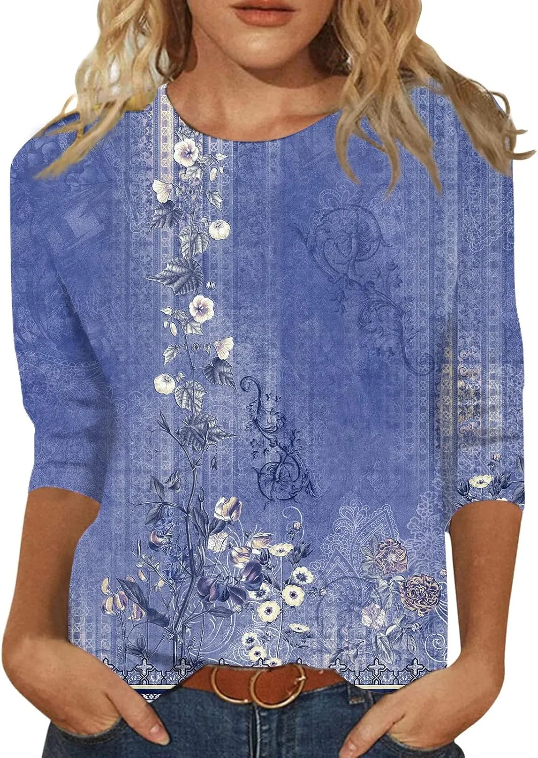 3/4 Length Sleeve Shirts for Women 2025 Casual Summer Blouses Crewneck Floral Printed Cute Loose Fit Tops