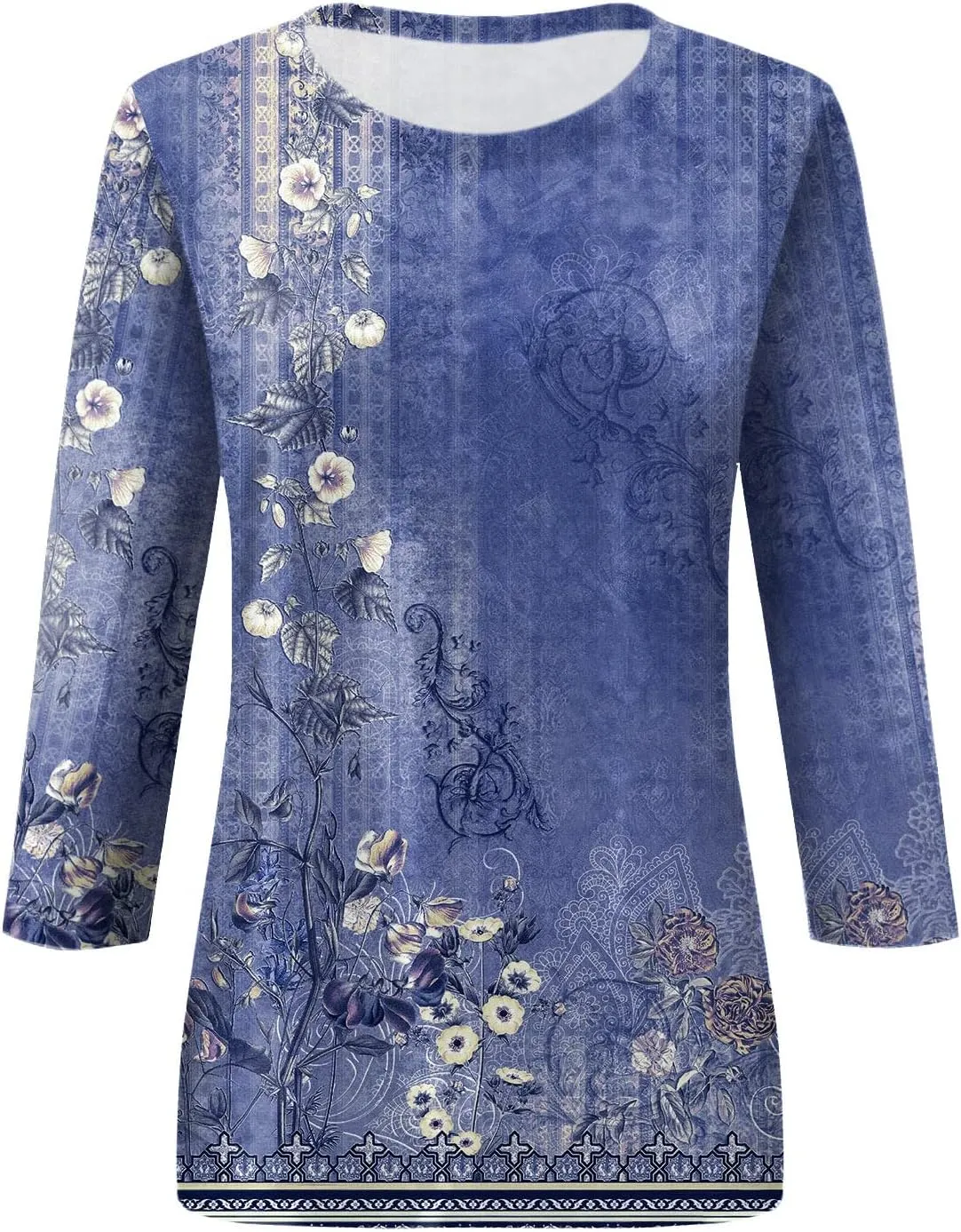 3/4 Length Sleeve Shirts for Women 2025 Casual Summer Blouses Crewneck Floral Printed Cute Loose Fit Tops