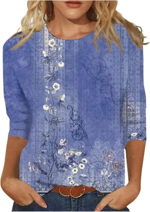 3/4 Length Sleeve Shirts for Women 2025 Casual Summer Blouses Crewneck Floral Printed Cute Loose Fit Tops