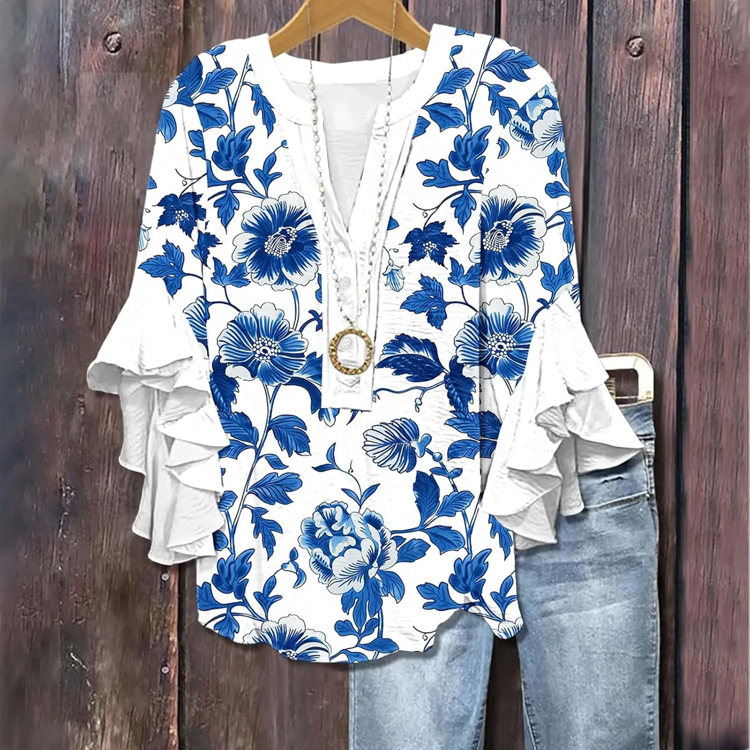 3/4 Length Sleeve Womens Tops Casual V Neck Button Down Shirts Floral Print Flowy Boho Tops 2025 Summer Blouses
