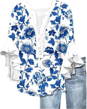 3/4 Length Sleeve Womens Tops Casual V Neck Button Down Shirts Floral Print Flowy Boho Tops 2025 Summer Blouses