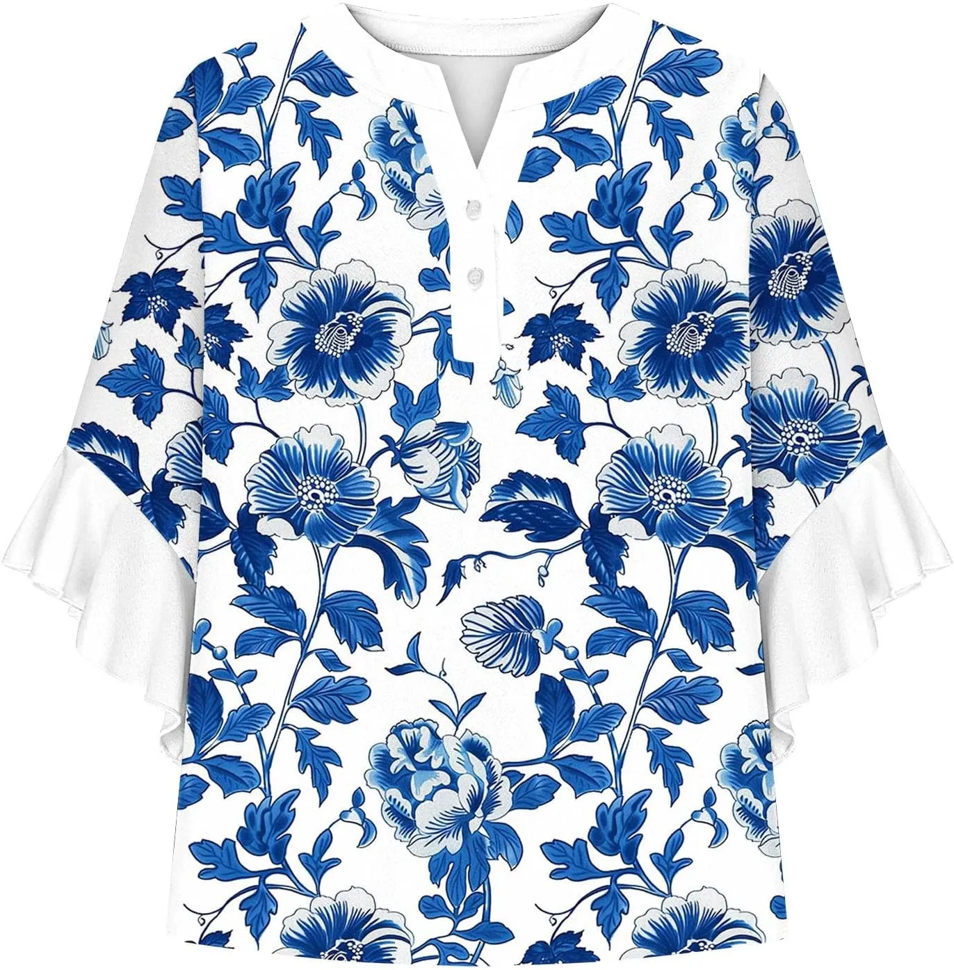 3/4 Length Sleeve Womens Tops Casual V Neck Button Down Shirts Floral Print Flowy Boho Tops 2025 Summer Blouses