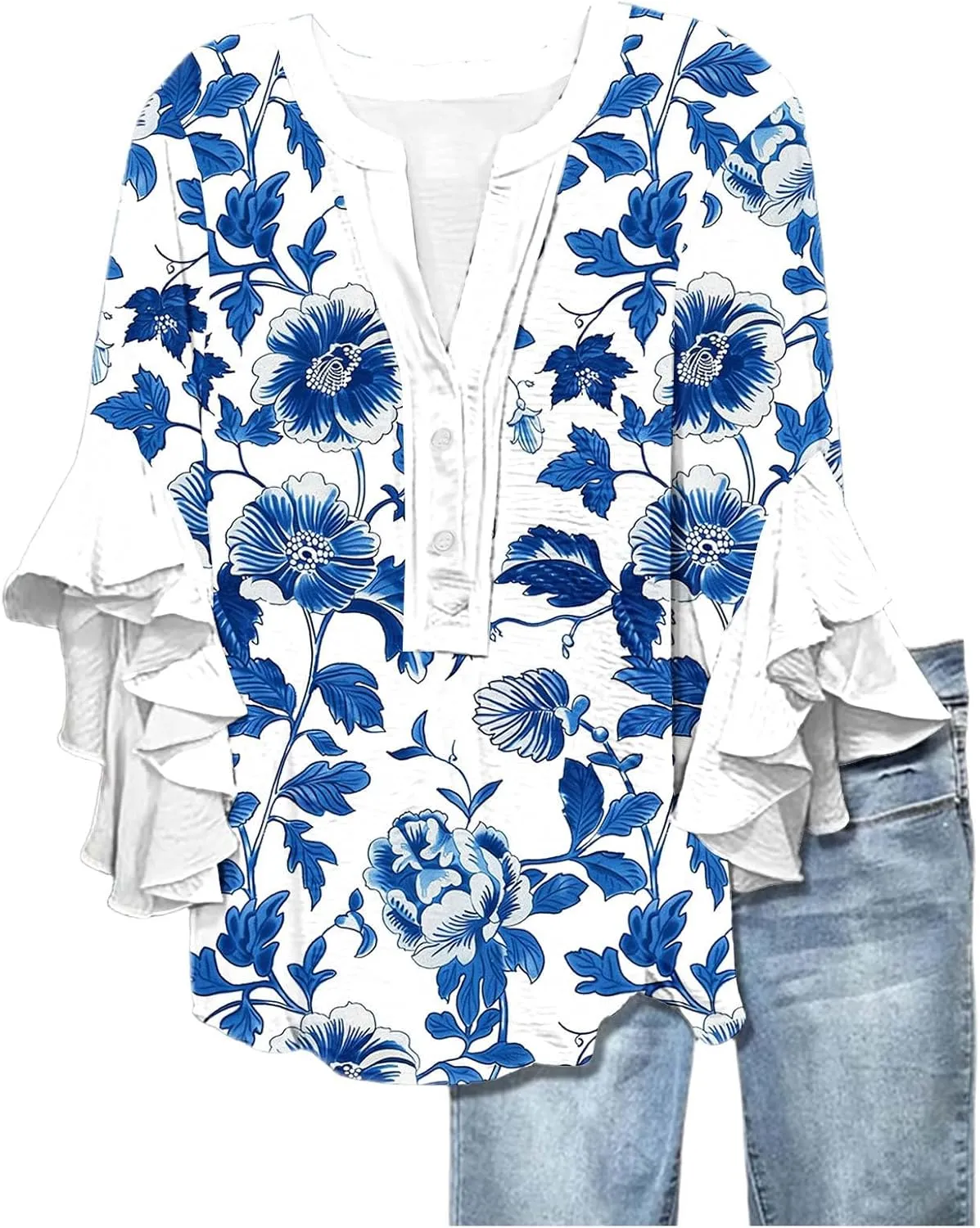 3/4 Length Sleeve Womens Tops Casual V Neck Button Down Shirts Floral Print Flowy Boho Tops 2025 Summer Blouses