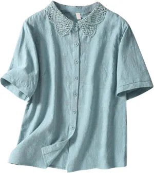 3/4 Length Sleeve Womens Tops Embroidered Print Chinese Shirts Casual Summer Cotton Linen Boho Tops Blouse Clothes