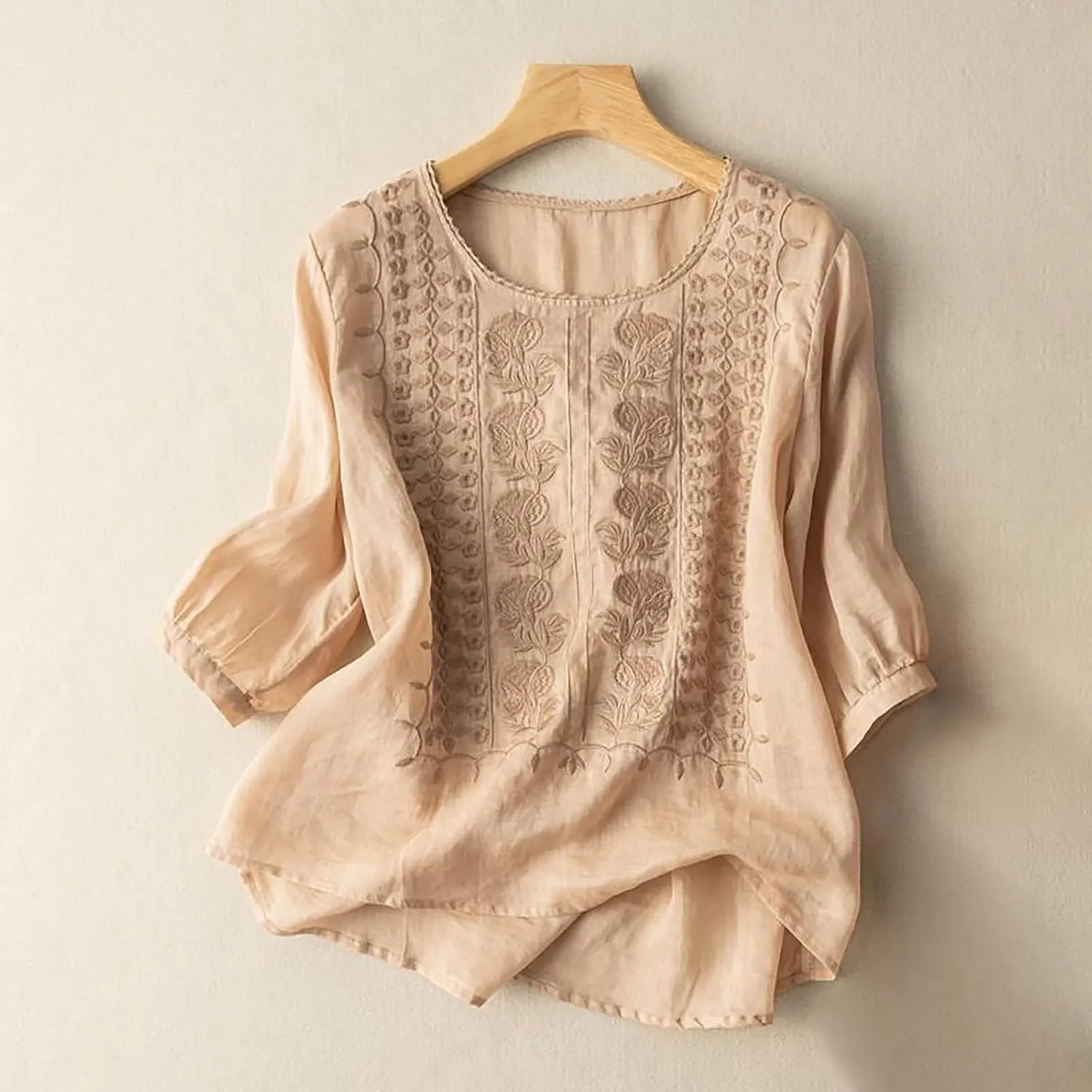 3/4 Length Sleeve Womens Tops Summer Cotton Linen Embroidered Print Chinese Shirts Casual Boho Tops Comfy Blouses