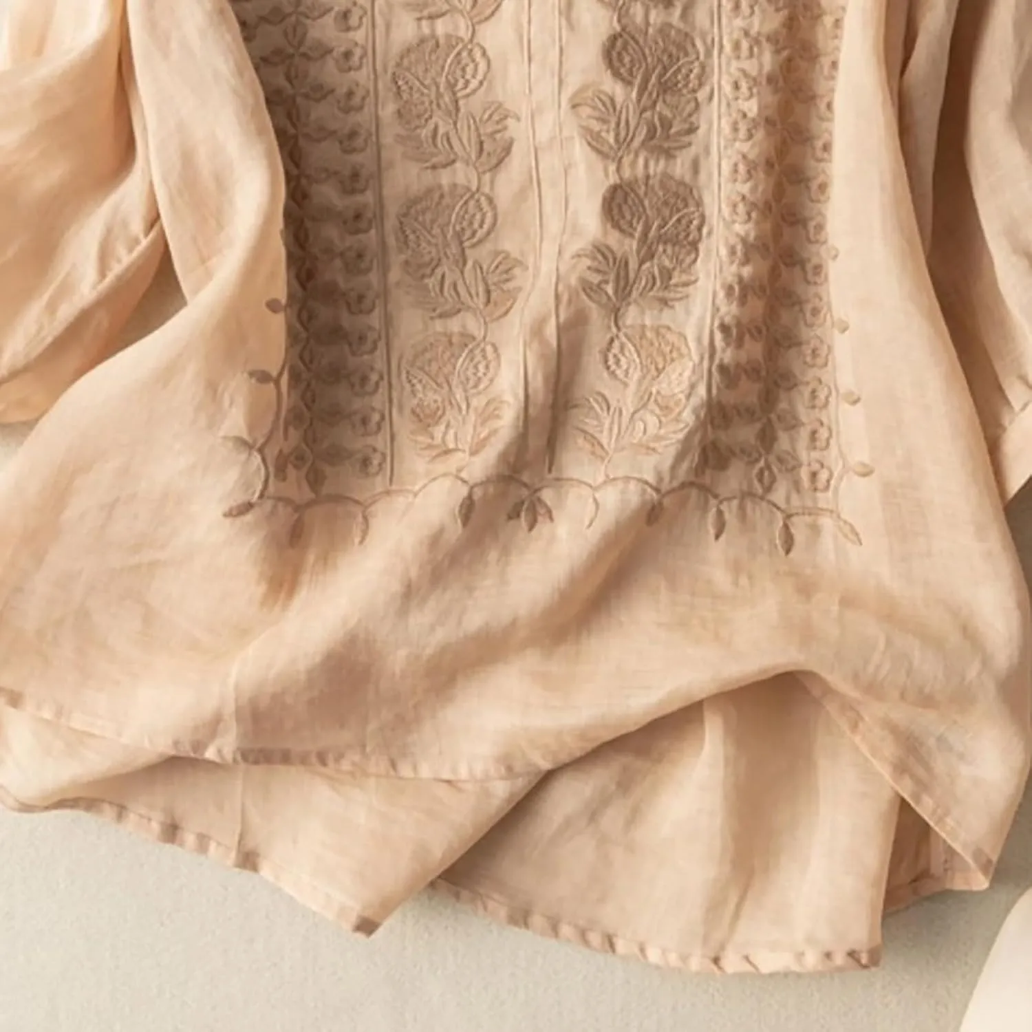 3/4 Length Sleeve Womens Tops Summer Cotton Linen Embroidered Print Chinese Shirts Casual Boho Tops Comfy Blouses