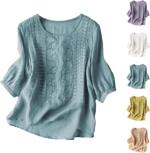3/4 Length Sleeve Womens Tops Summer Cotton Linen Embroidered Print Chinese Shirts Casual Boho Tops Comfy Blouses