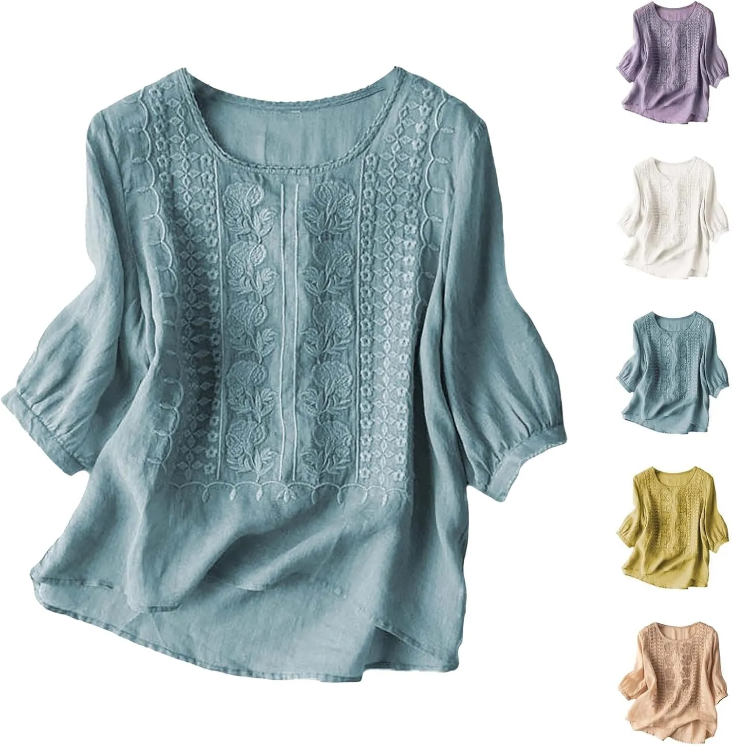 3/4 Length Sleeve Womens Tops Summer Cotton Linen Embroidered Print Chinese Shirts Casual Boho Tops Comfy Blouses