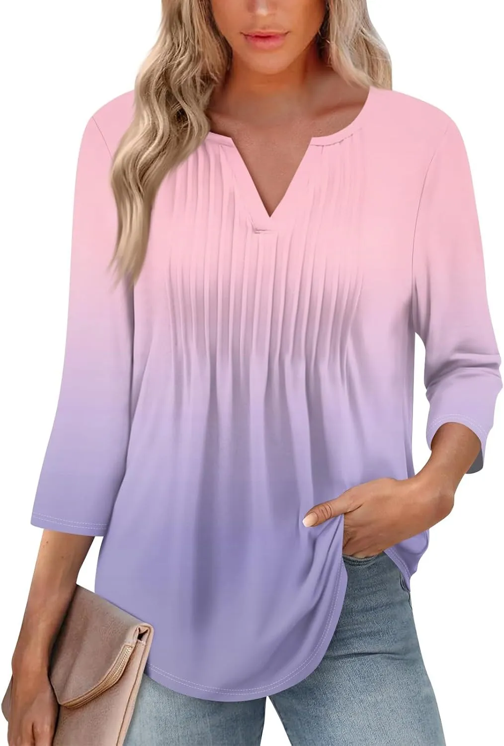 3/4 Sleeve Blouses For Women Dressy Casual V Neck Summer Tops For Women With Leggings Pleated Curved Hem Tunic