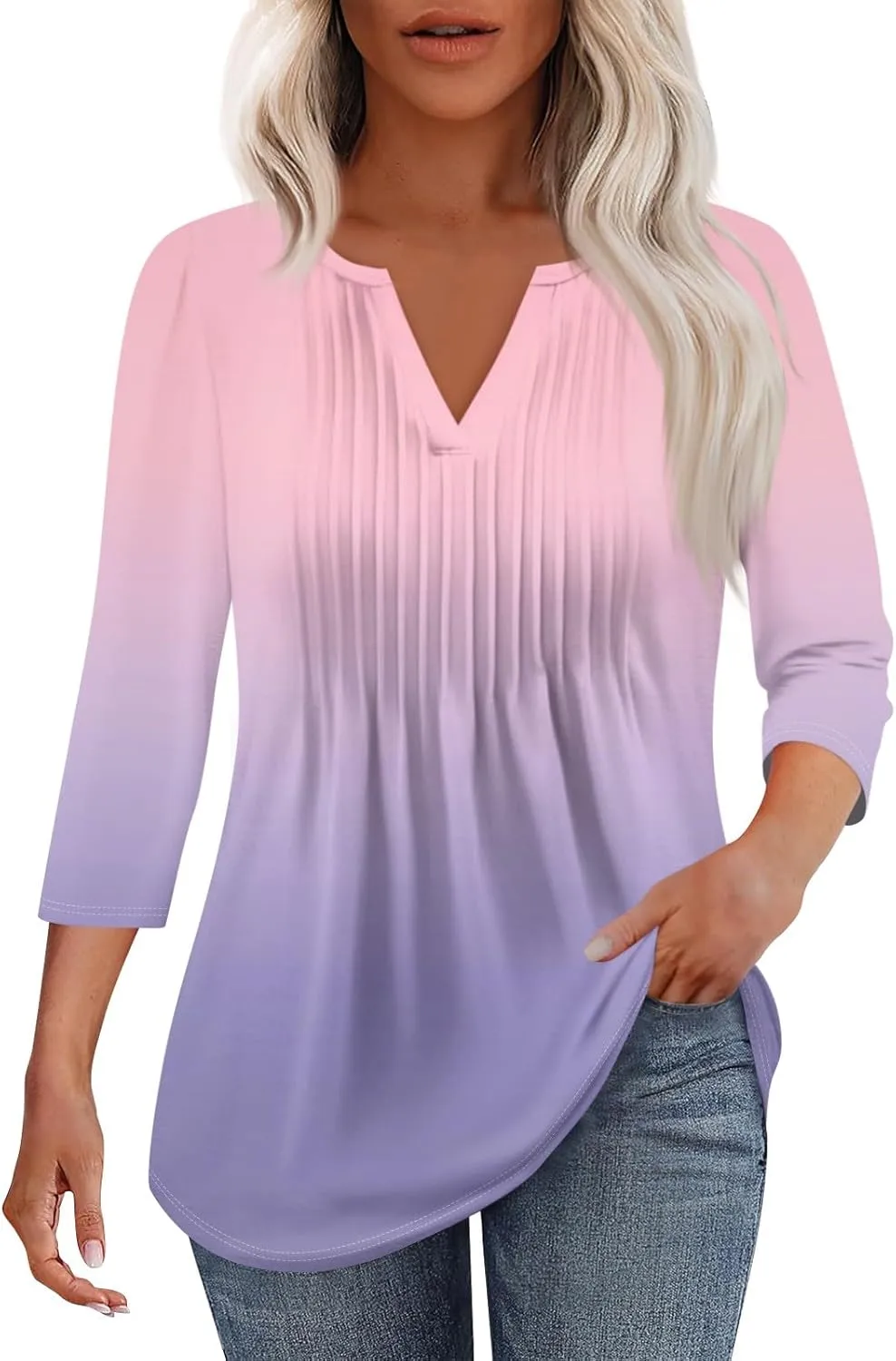 3/4 Sleeve Blouses For Women Dressy Casual V Neck Summer Tops For Women With Leggings Pleated Curved Hem Tunic