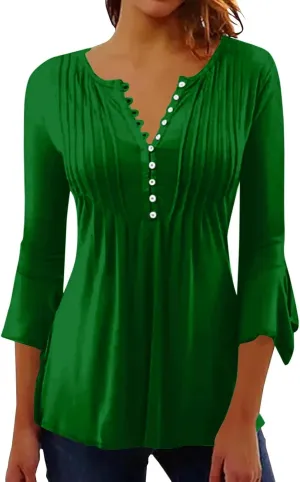 3/4 Sleeve Tops for Women V Neck Dressy Casual Ruffle Sleeve Henley Shirts Loose Fit Button Up Tunic Tops Blouses