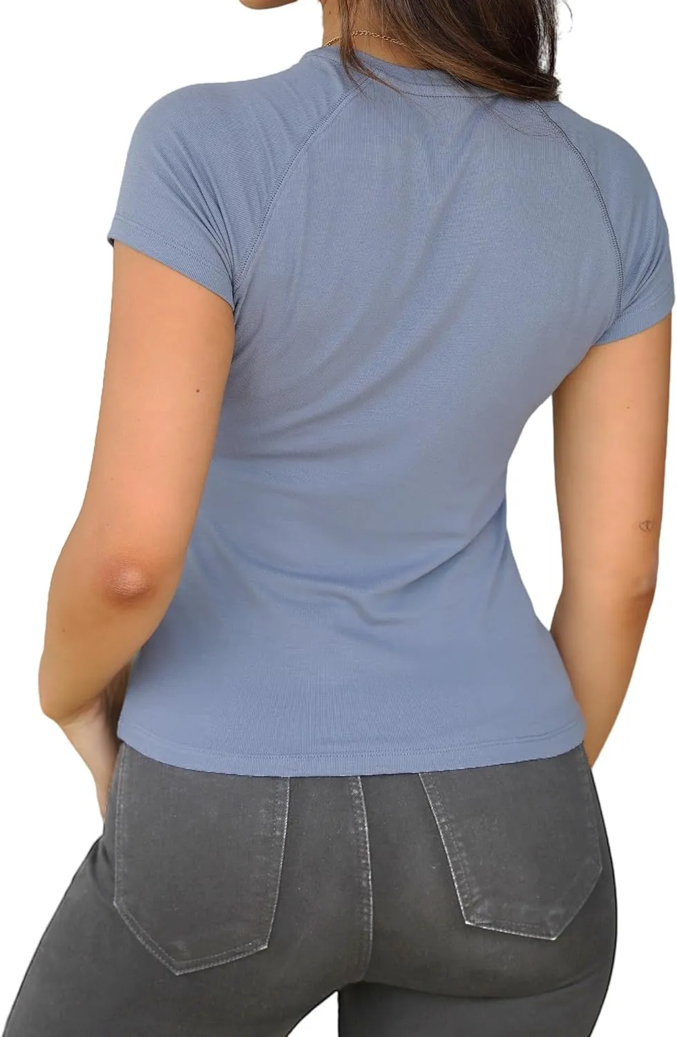 Abardsion 2025 Women Casual Activewear T Shirts Basic Crewneck Raglan Short Sleeve Slim Tight Fit Going Out Tops