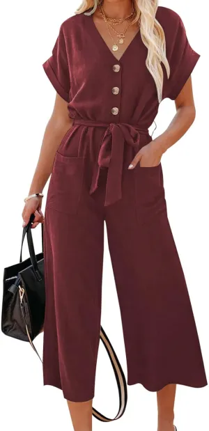 Acelitt Women Casual V Neck Short Sleeve Button Belted Wide Leg Jumpsuits,S-XXL