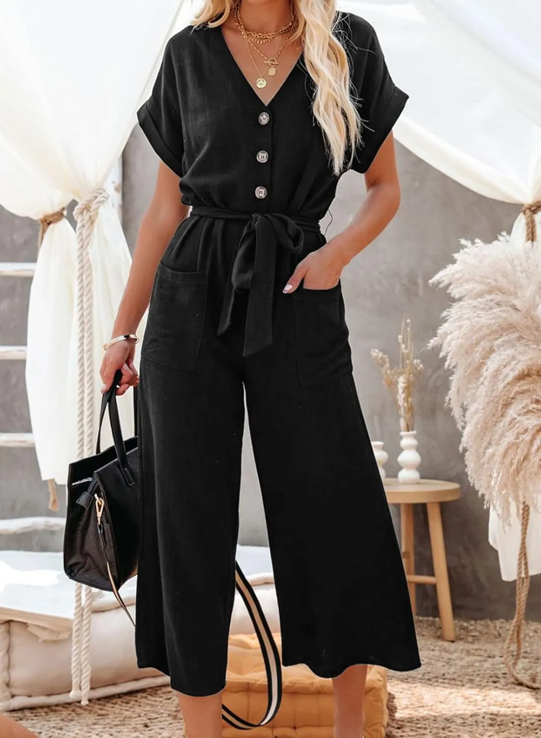 Acelitt Women Casual V Neck Short Sleeve Button Belted Wide Leg Jumpsuits,S-XXL