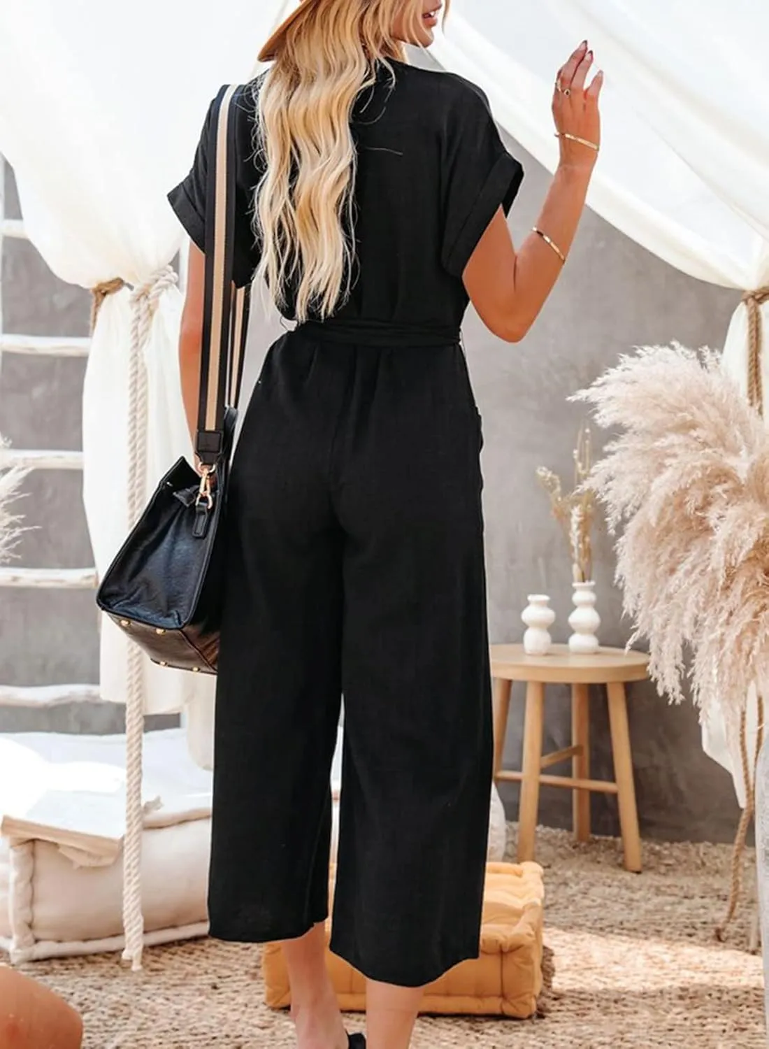 Acelitt Women Casual V Neck Short Sleeve Button Belted Wide Leg Jumpsuits,S-XXL