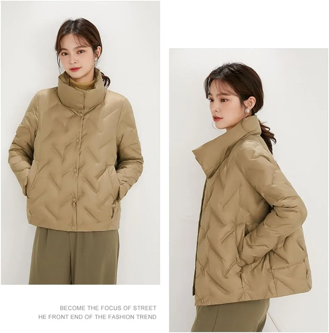 Adhdyuud Women Stand Collar Puffer Jacket Winter White Duck Down Ultra Lightweight Short Bubble Parkas Coat