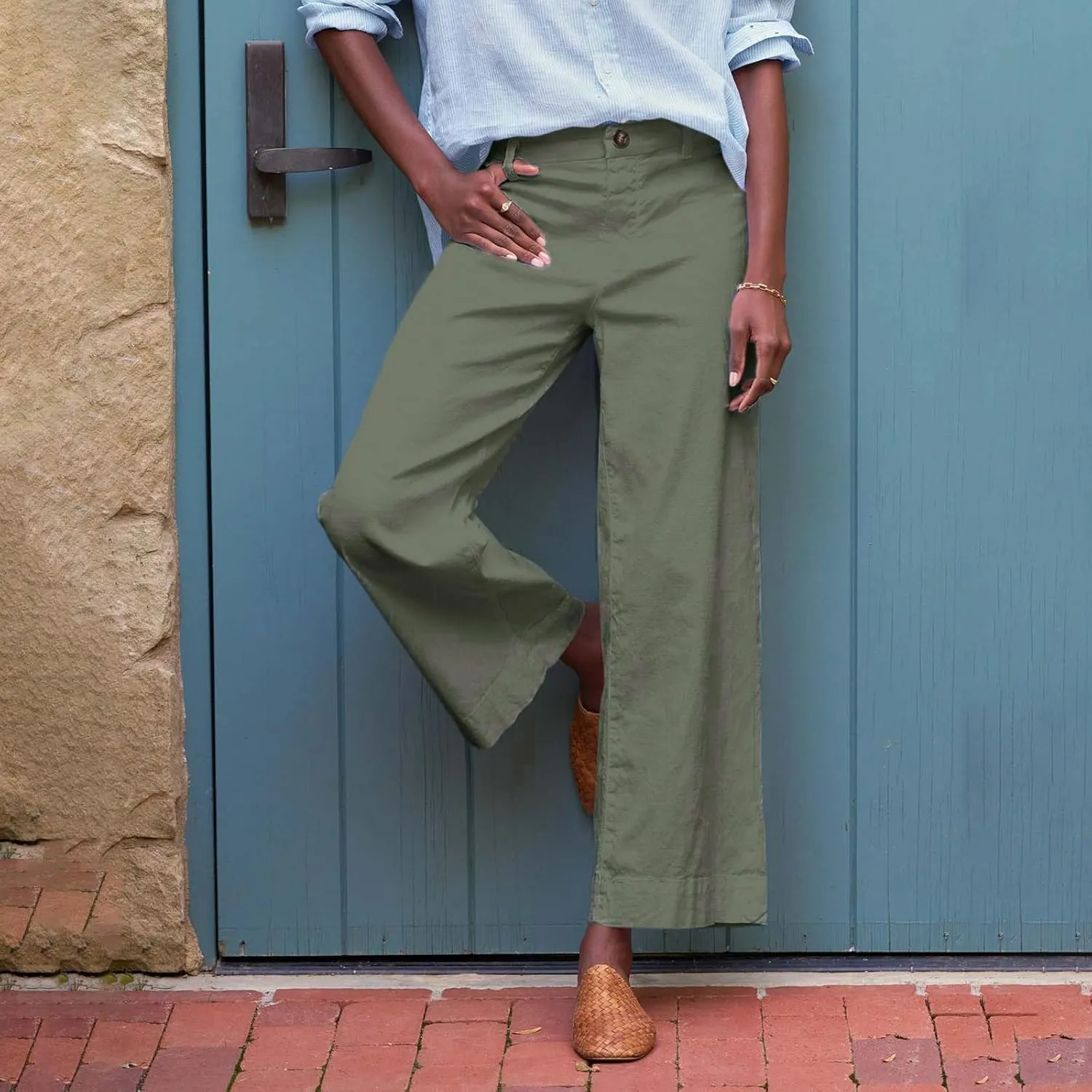ADHOWBEW Wide Leg Linen Pants for Women 2025 Summer Lightweight Chino Work Dressy Cropped Petite High Waisted Flwoy Trousers