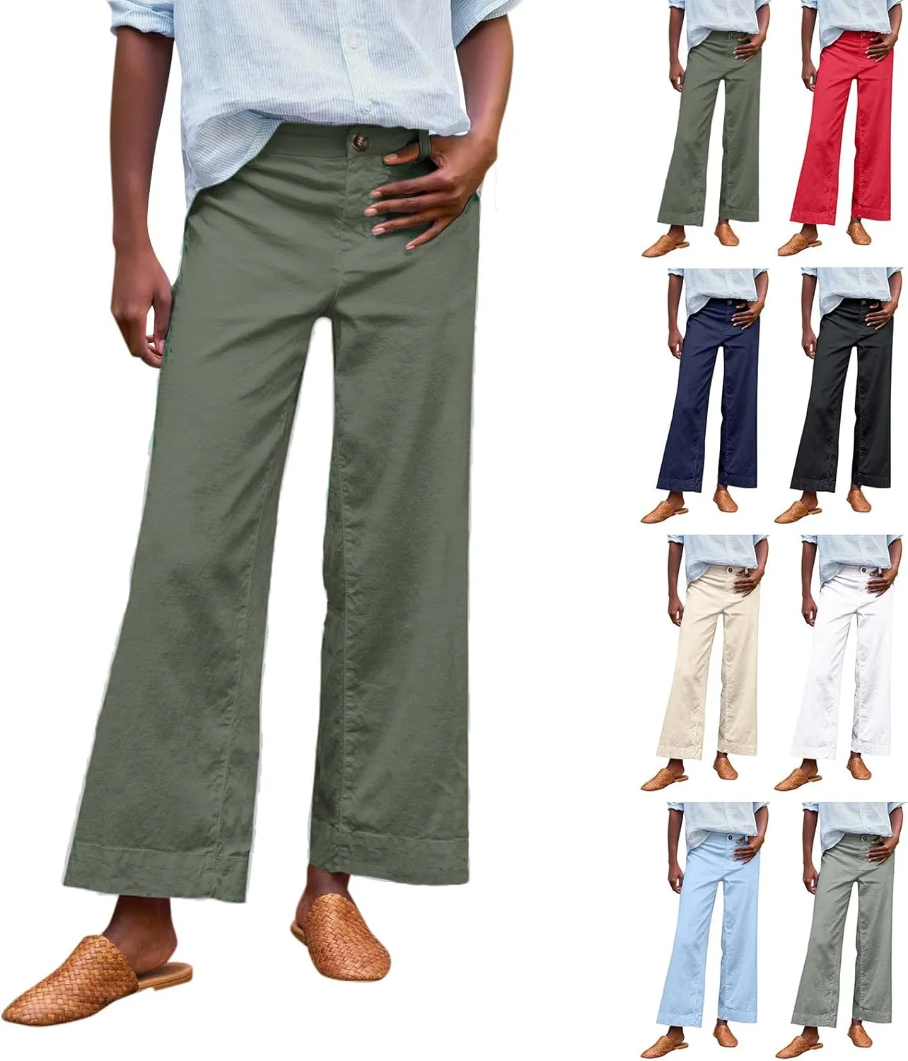 ADHOWBEW Wide Leg Linen Pants for Women 2025 Summer Lightweight Chino Work Dressy Cropped Petite High Waisted Flwoy Trousers