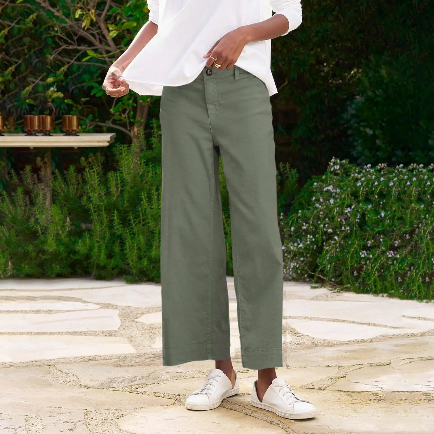 ADHOWBEW Wide Leg Linen Pants for Women 2025 Summer Lightweight Chino Work Dressy Cropped Petite High Waisted Flwoy Trousers