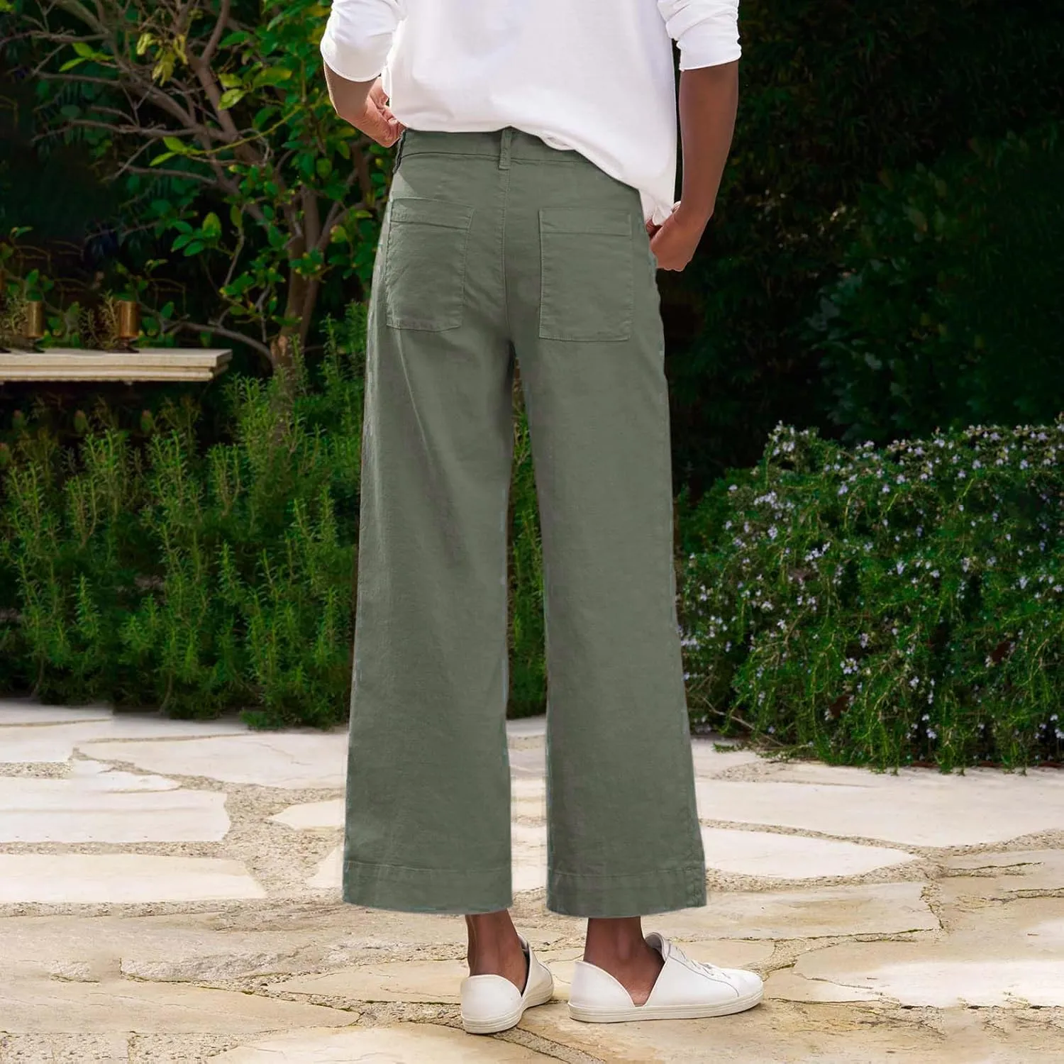ADHOWBEW Wide Leg Linen Pants for Women 2025 Summer Lightweight Chino Work Dressy Cropped Petite High Waisted Flwoy Trousers