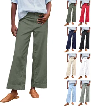 ADHOWBEW Wide Leg Linen Pants for Women 2025 Summer Lightweight Chino Work Dressy Cropped Petite High Waisted Flwoy Trousers