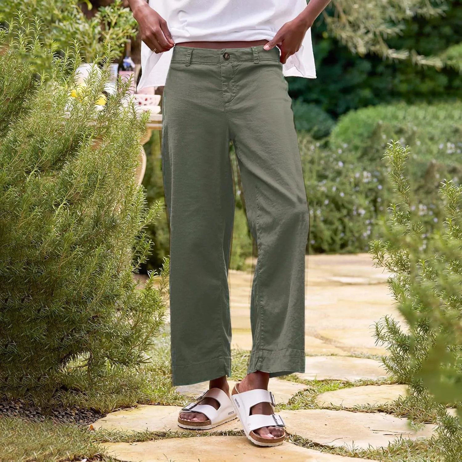 ADHOWBEW Wide Leg Linen Pants for Women 2025 Summer Lightweight Chino Work Dressy Cropped Petite High Waisted Flwoy Trousers