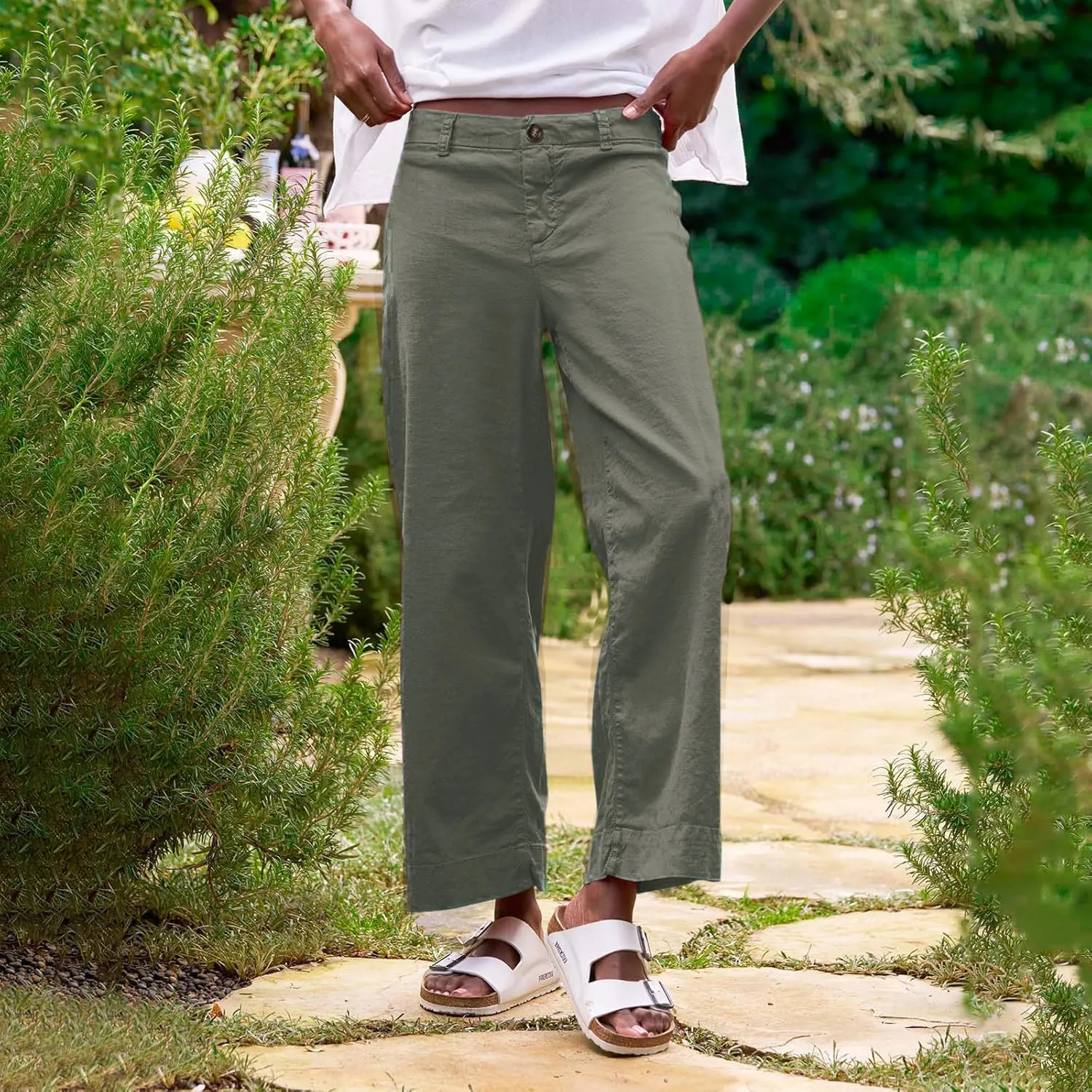 ADHOWBEW Wide Leg Linen Pants for Women 2025 Summer Lightweight Chino Work Dressy Cropped Petite High Waisted Flwoy Trousers