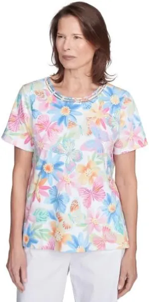 Alfred Dunner Key Item Butterfly Floral Cotton Top Short Sleeve