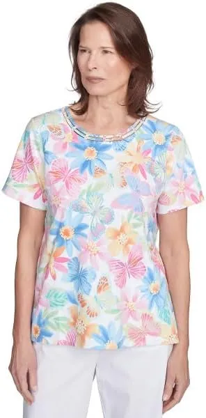 Alfred Dunner Key Item Butterfly Floral Cotton Top Short Sleeve