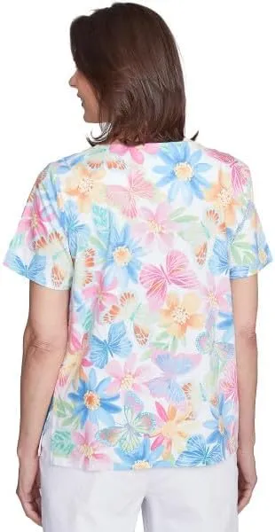 Alfred Dunner Key Item Butterfly Floral Cotton Top Short Sleeve