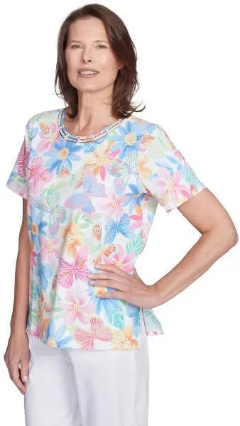 Alfred Dunner Key Item Butterfly Floral Cotton Top Short Sleeve