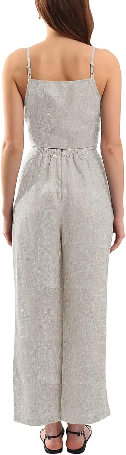 Amazhiyu Womens Pure Linen Casual Summer Sleeveless Front Tie Jumpsuits with Pockets