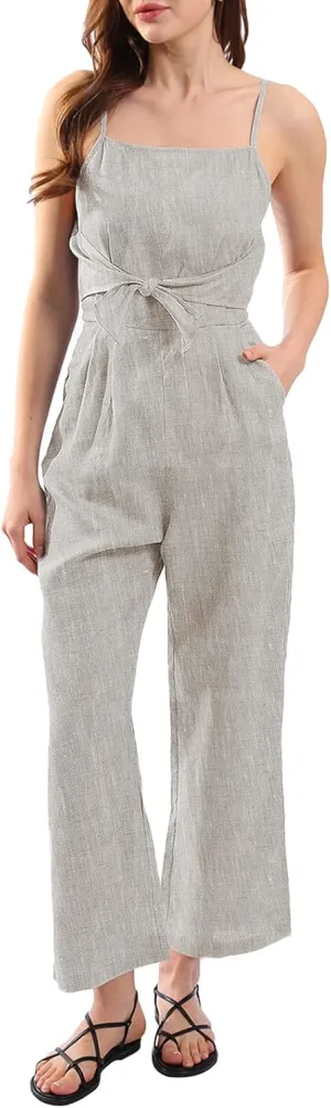 Amazhiyu Womens Pure Linen Casual Summer Sleeveless Front Tie Jumpsuits with Pockets