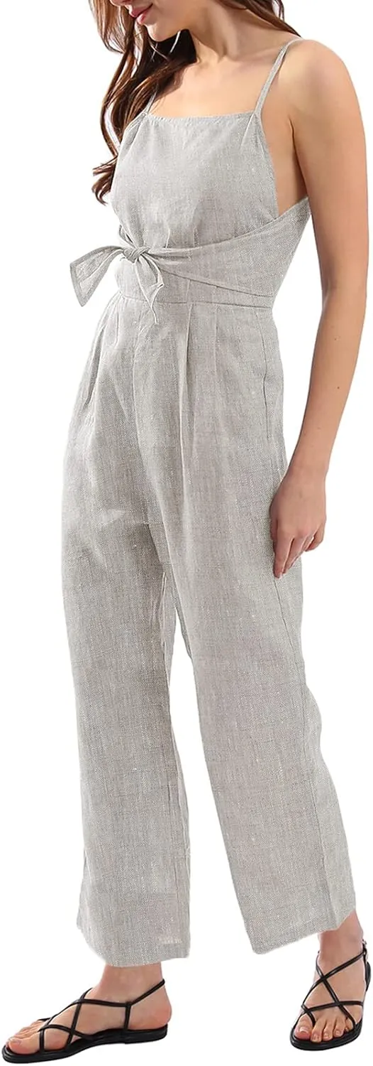 Amazhiyu Womens Pure Linen Casual Summer Sleeveless Front Tie Jumpsuits with Pockets