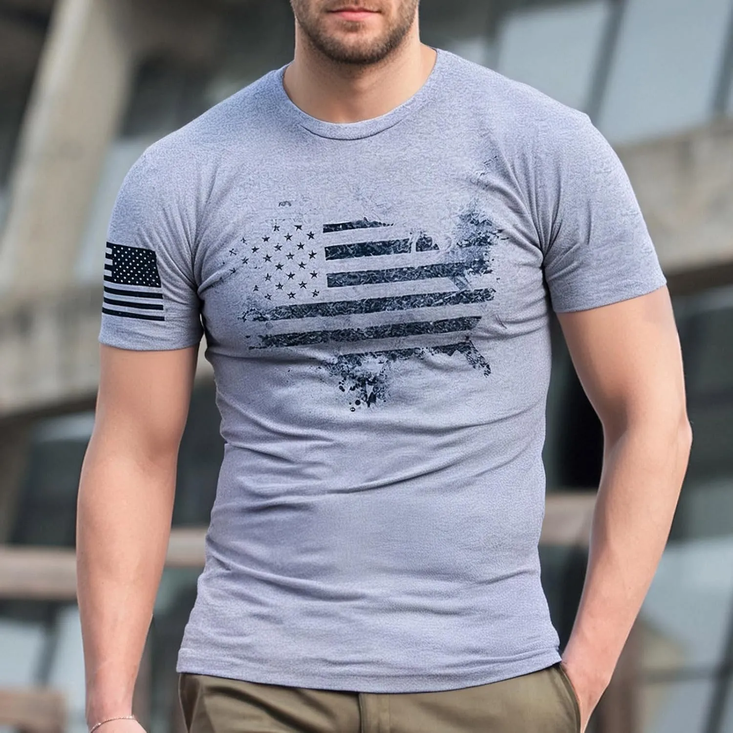 American Flag T-Shirts for Men Retro USA Star Print Sweat Shirts Stretch Slim Muscle Shirt Gym Bodybuilding Tee Tops
