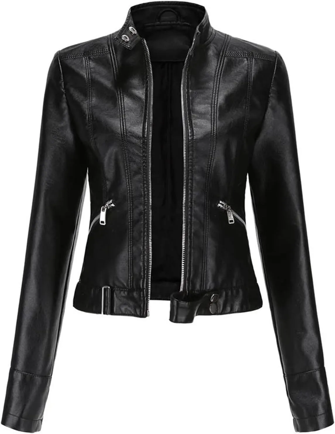 Autumn Spring Women's Faux Leather Moto Biker Jacket With Zipper Fashionable And Versatile Motorcycle Jacket