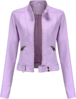 Autumn Spring Women's Faux Leather Moto Biker Jacket With Zipper Fashionable And Versatile Motorcycle Jacket