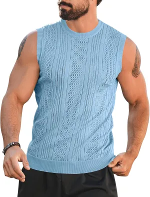Babioboa Men's Knitted Tank Tops Casual Hollow Out Sleeveless T Shirts Beach Cut Off Summer Boho Tee