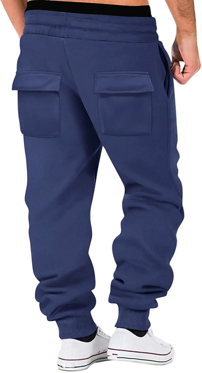 Baggy Cargo Sweatpants for Men Drawstring Waist Fleece Lined Joggers with Pockets Athletic Workout Pants Trousers