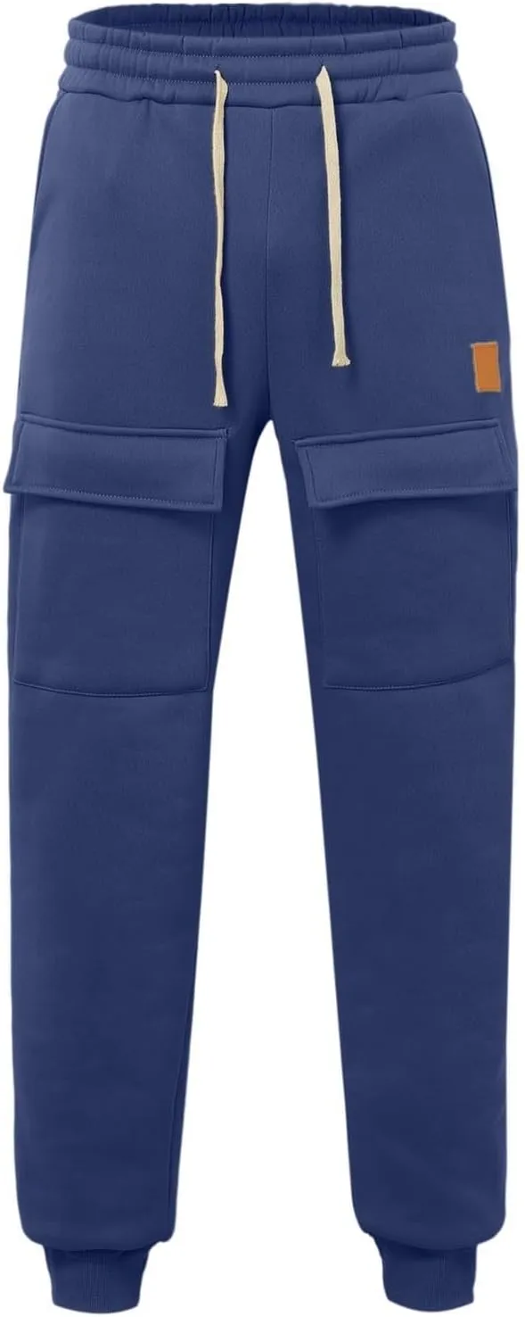 Baggy Cargo Sweatpants for Men Drawstring Waist Fleece Lined Joggers with Pockets Athletic Workout Pants Trousers